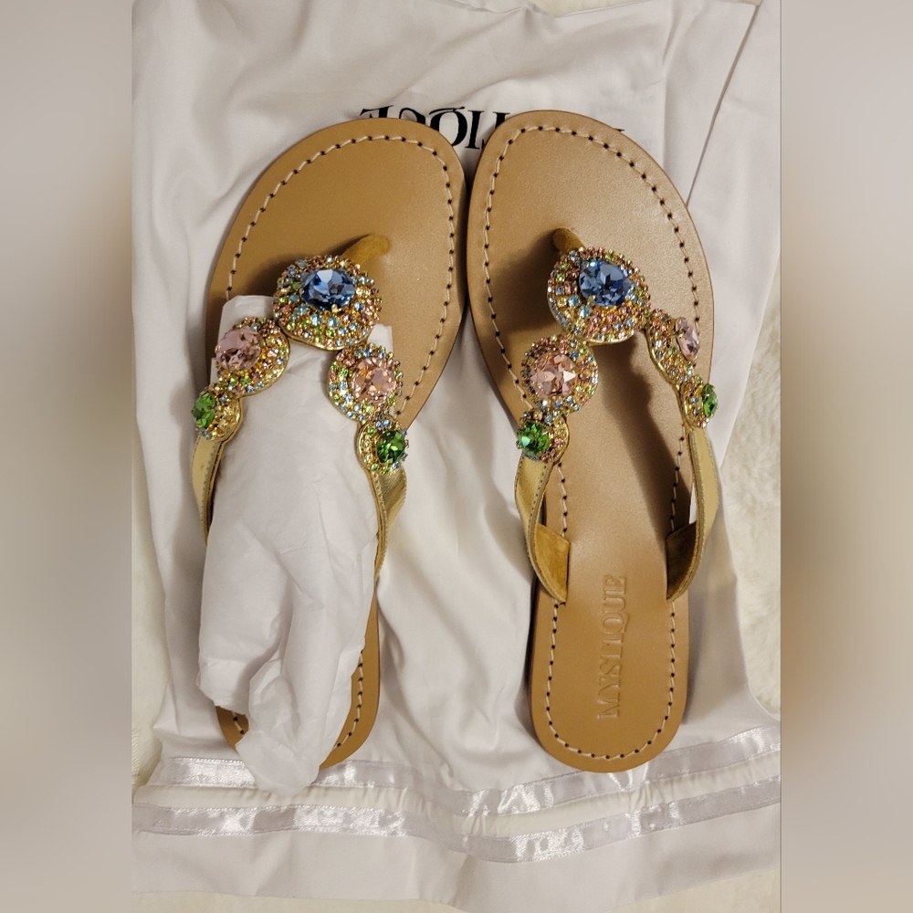 Mystique Boutique Gold T-Strap Sandals with Multicolor Gem Accents Size 10